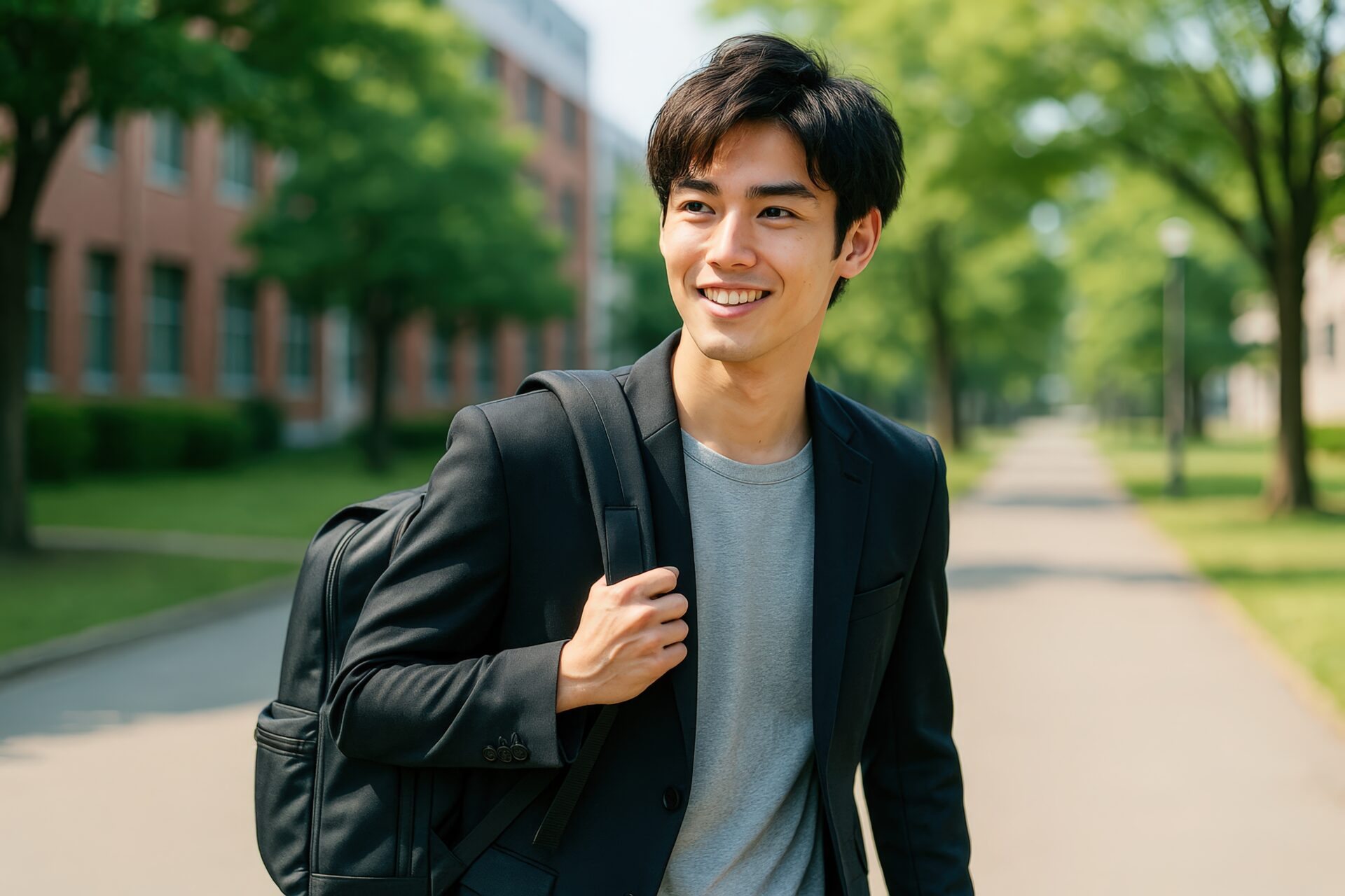 晴れたキャンパスで笑顔を見せる男子学生