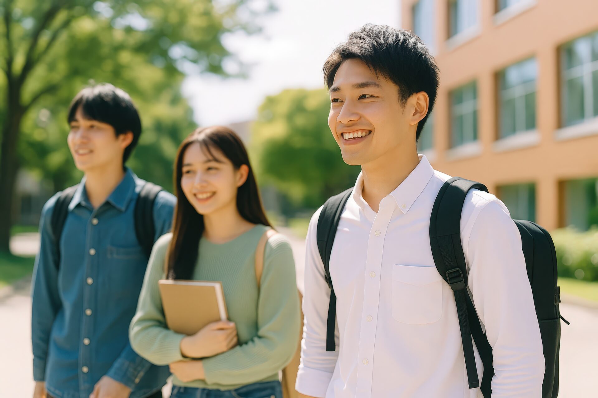 大学の通学路を歩く笑顔の男女学生グループ