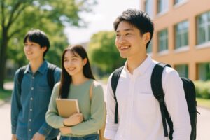 大学の通学路を歩く笑顔の男女学生グループ