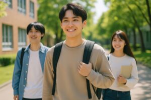 明るい表情で登校するリュック姿の大学生たち