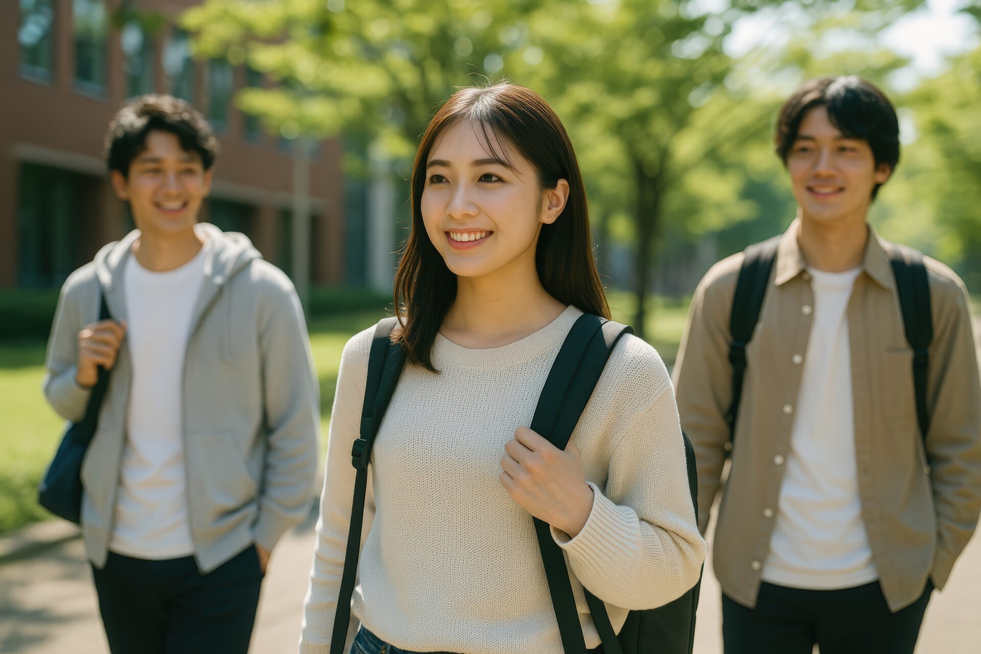 大学キャンパスを歩く女子学生と仲間たち