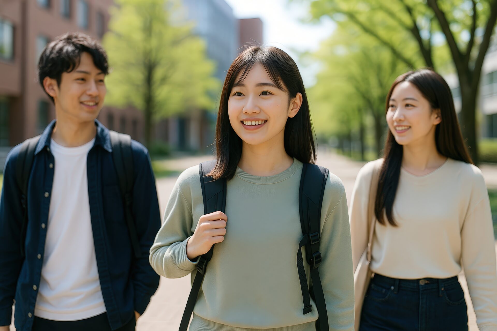 キャンパスで談笑しながら歩く大学生グループ