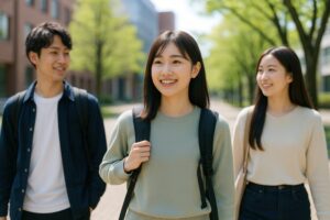キャンパスで談笑しながら歩く大学生グループ