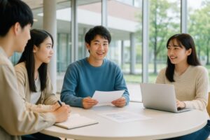 大学のラウンジでミーティングをする学生たち