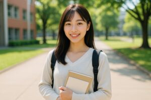 キャンパスで笑顔を見せる女子大学生のポートレート