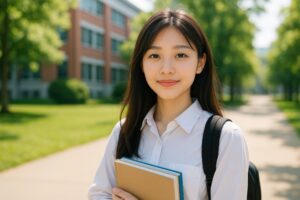 教科書を持って微笑む女子学生と校舎の背景