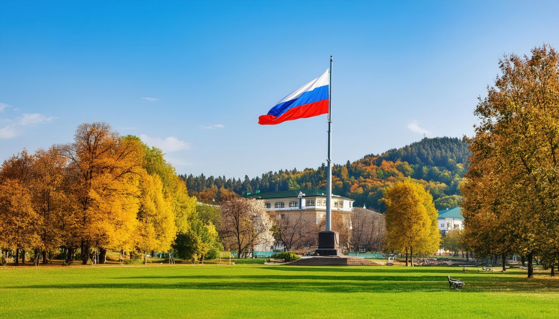 ロシア国旗が建物前に掲げられている