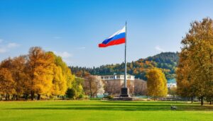 ロシア国旗が建物前に掲げられている