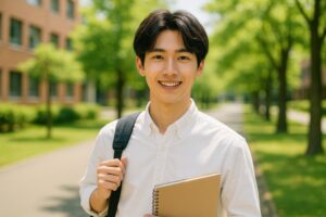 ノートを手に持ち笑顔を見せる男子大学生