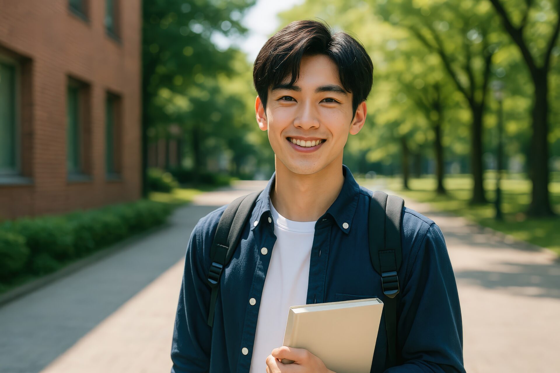 大学構内を背景に笑顔の男子学生のポートレート