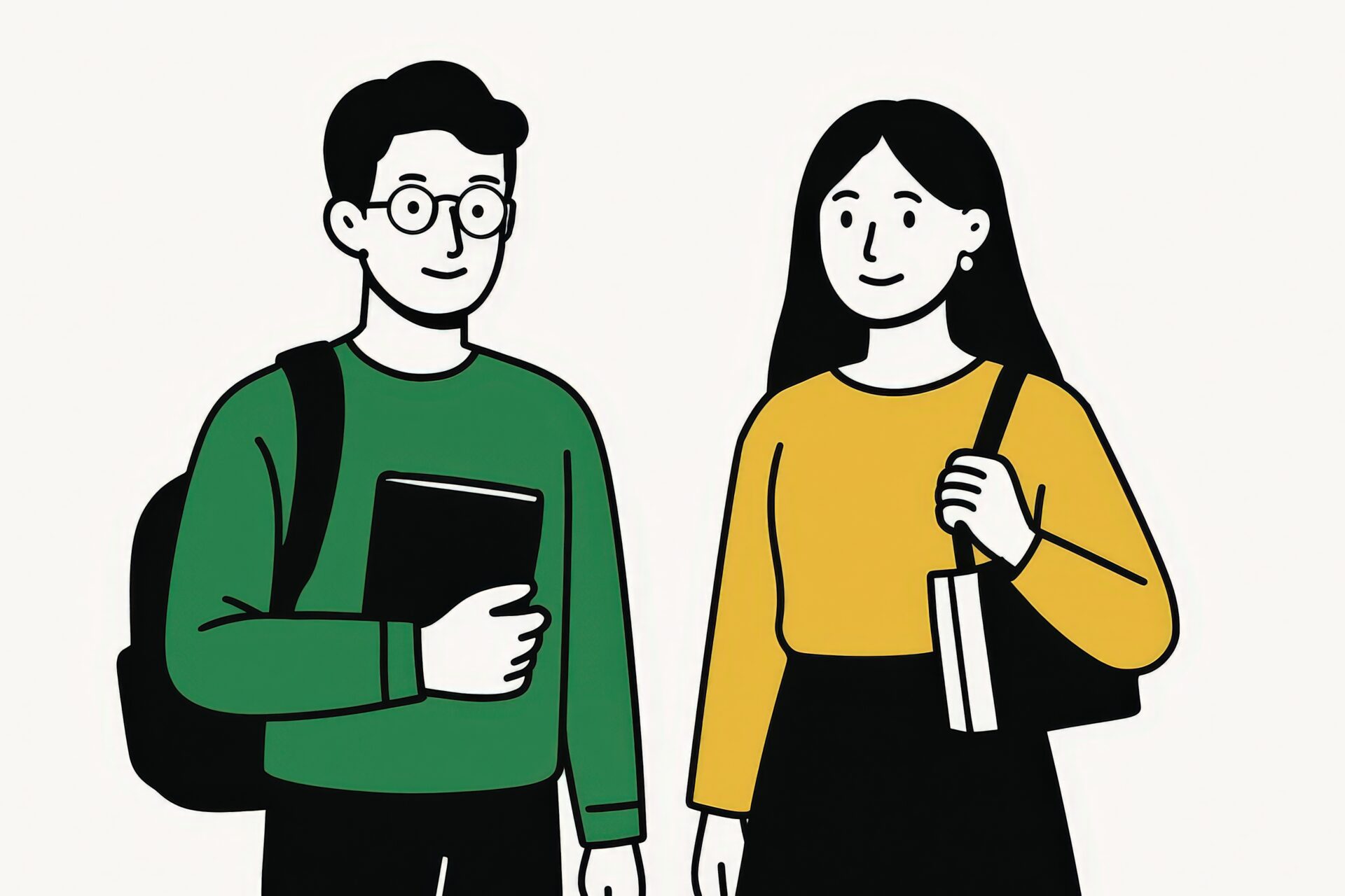 教科書を持った男女学生のイラスト（線画風）
