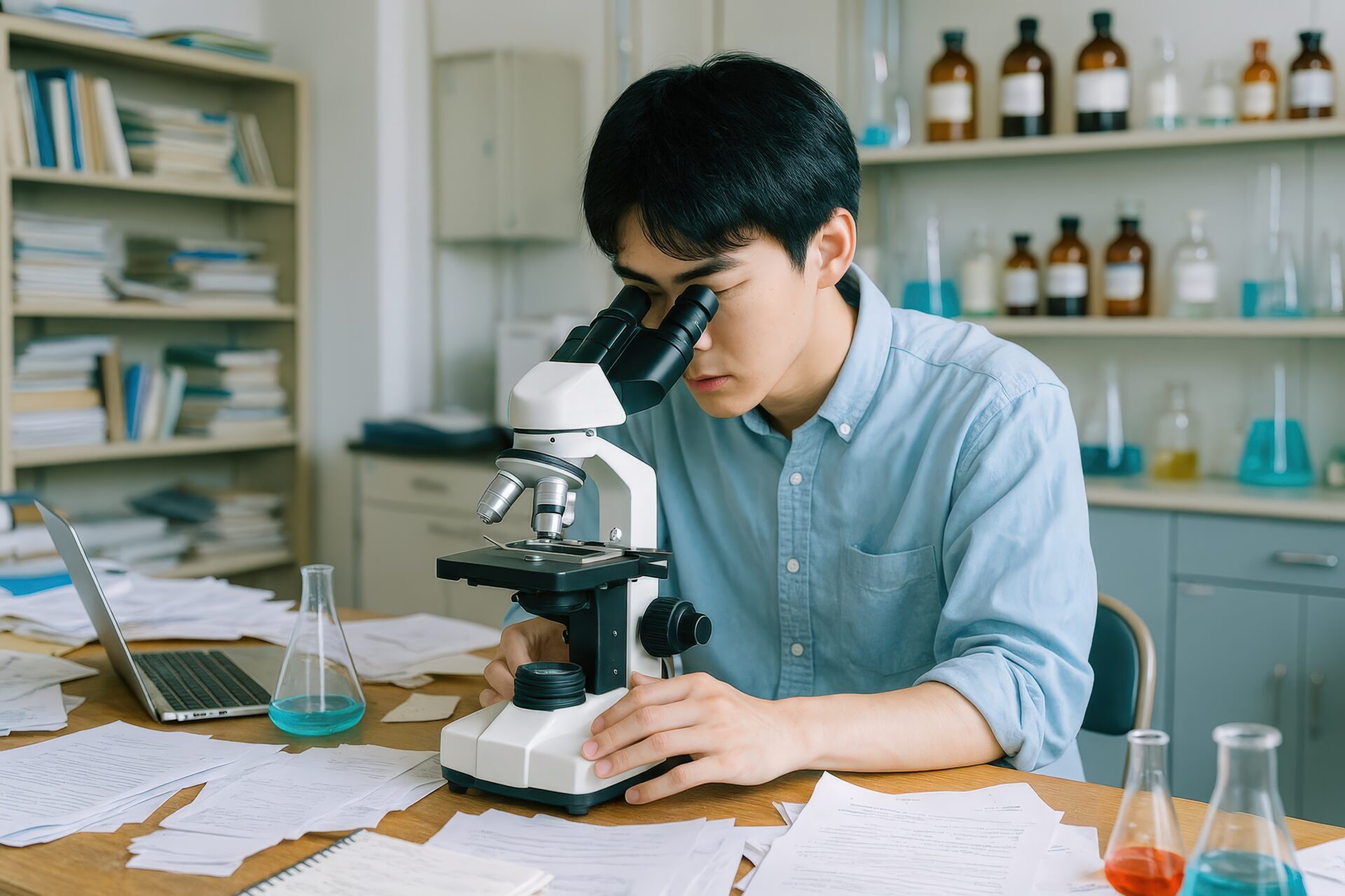 顕微鏡を覗く若い男性研究者