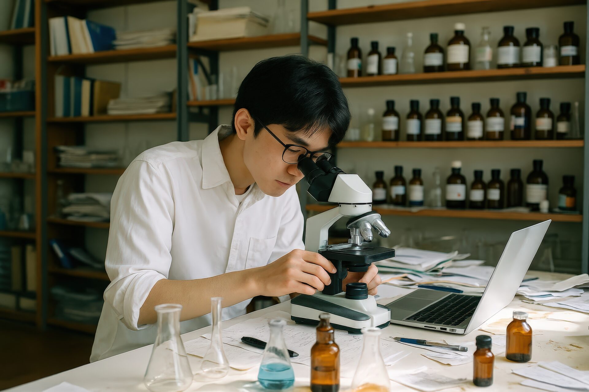 研究室で実験を行う白衣の若い男性