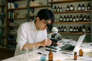 研究室で実験を行う白衣の若い男性