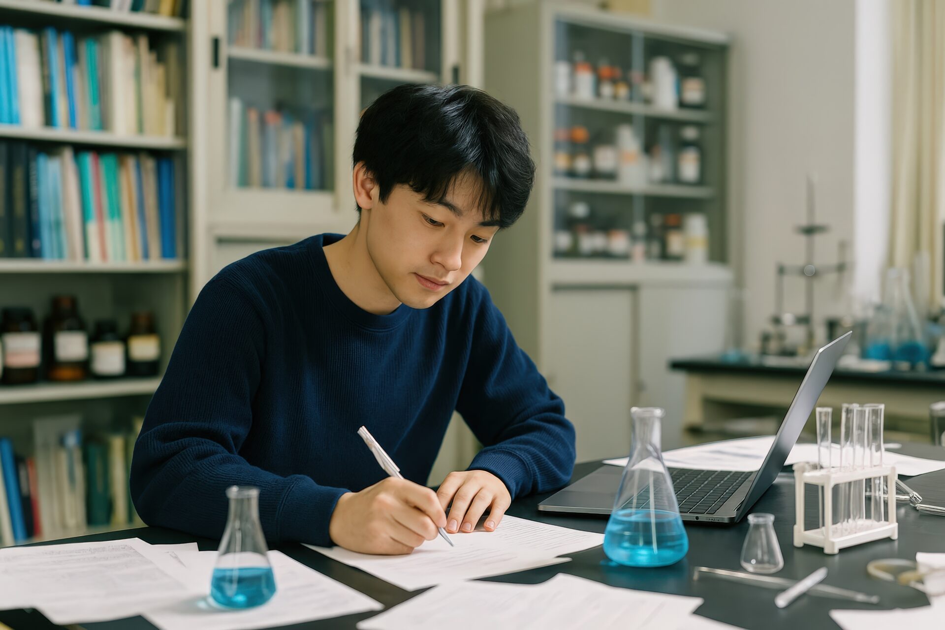 実験データを記録する若い男性学生