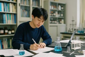 実験データを記録する若い男性学生