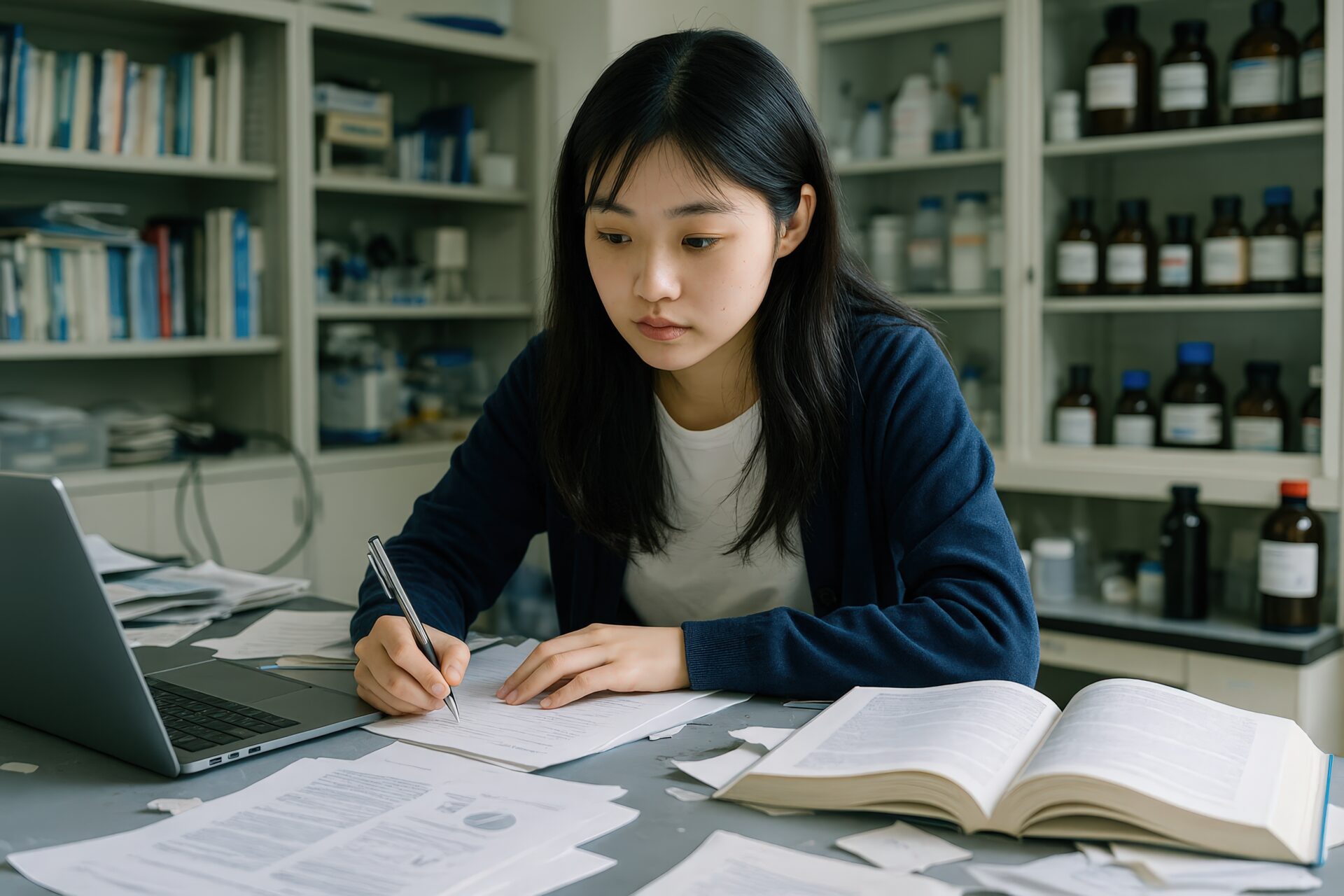 ノートを取りながら実験データを確認する若い女性