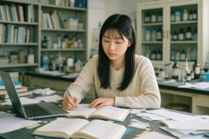 本を見ながら研究ノートを取る若い女性