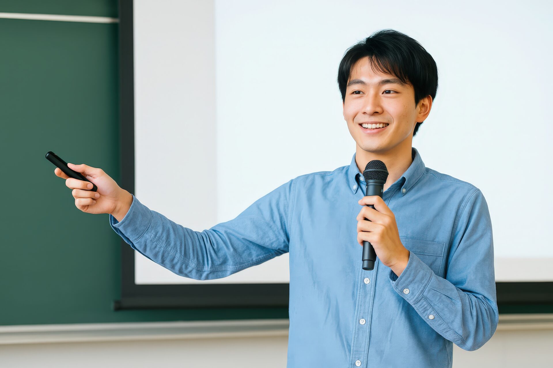 マイクとポインターで発表する若い男性