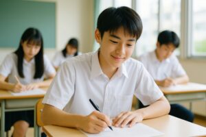 テスト中に笑顔で解答する男子学生