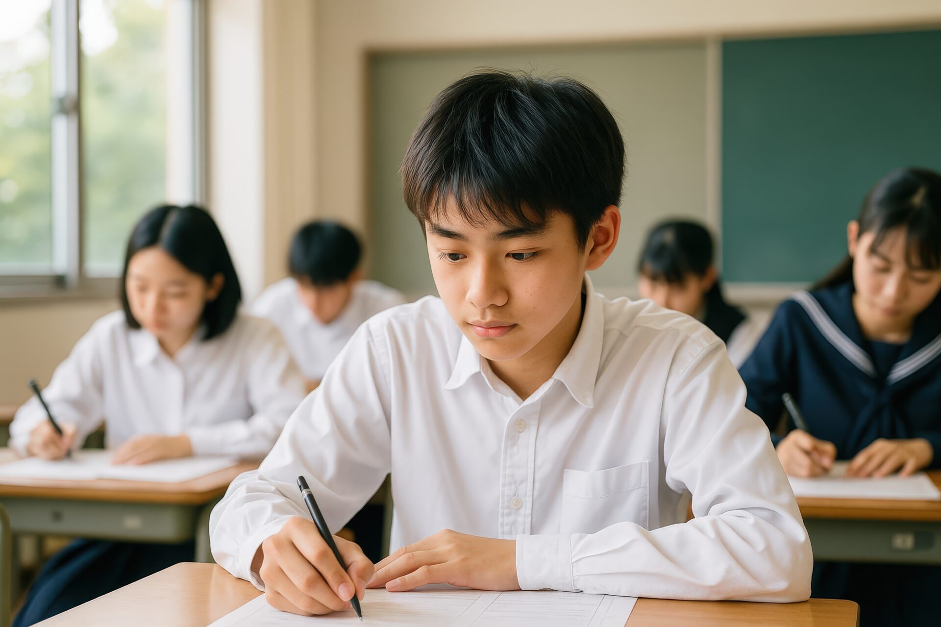 真剣にテストに取り組む男子学生
