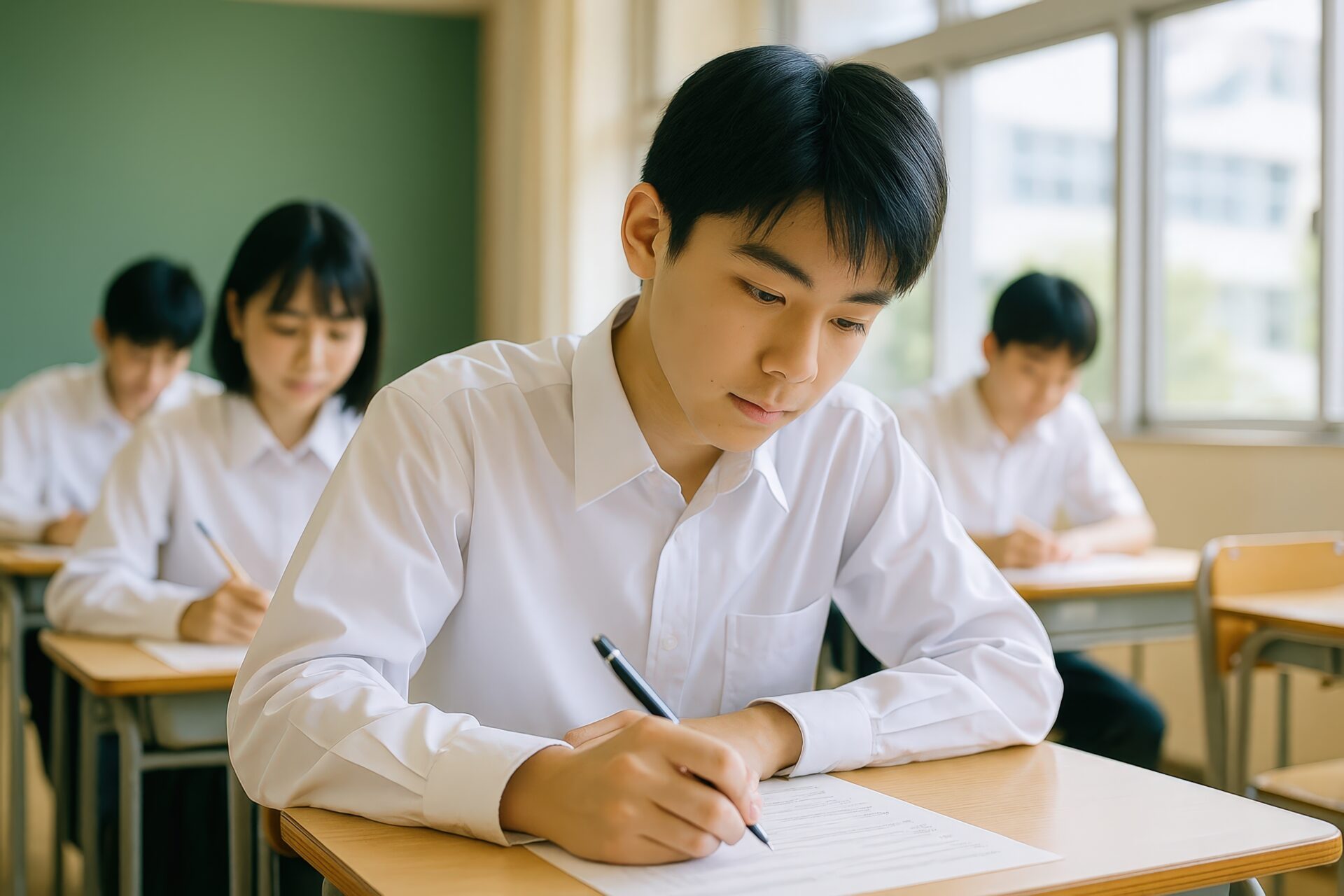 答案用紙に集中して書き込む男子学生