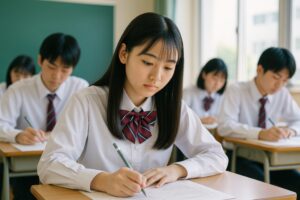 試験中に集中する女子高校生