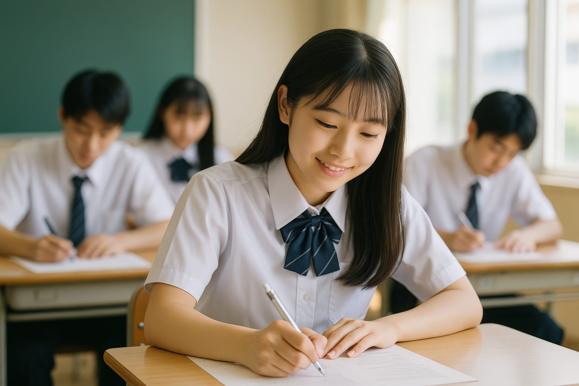 笑顔でテストを受ける女子高校生