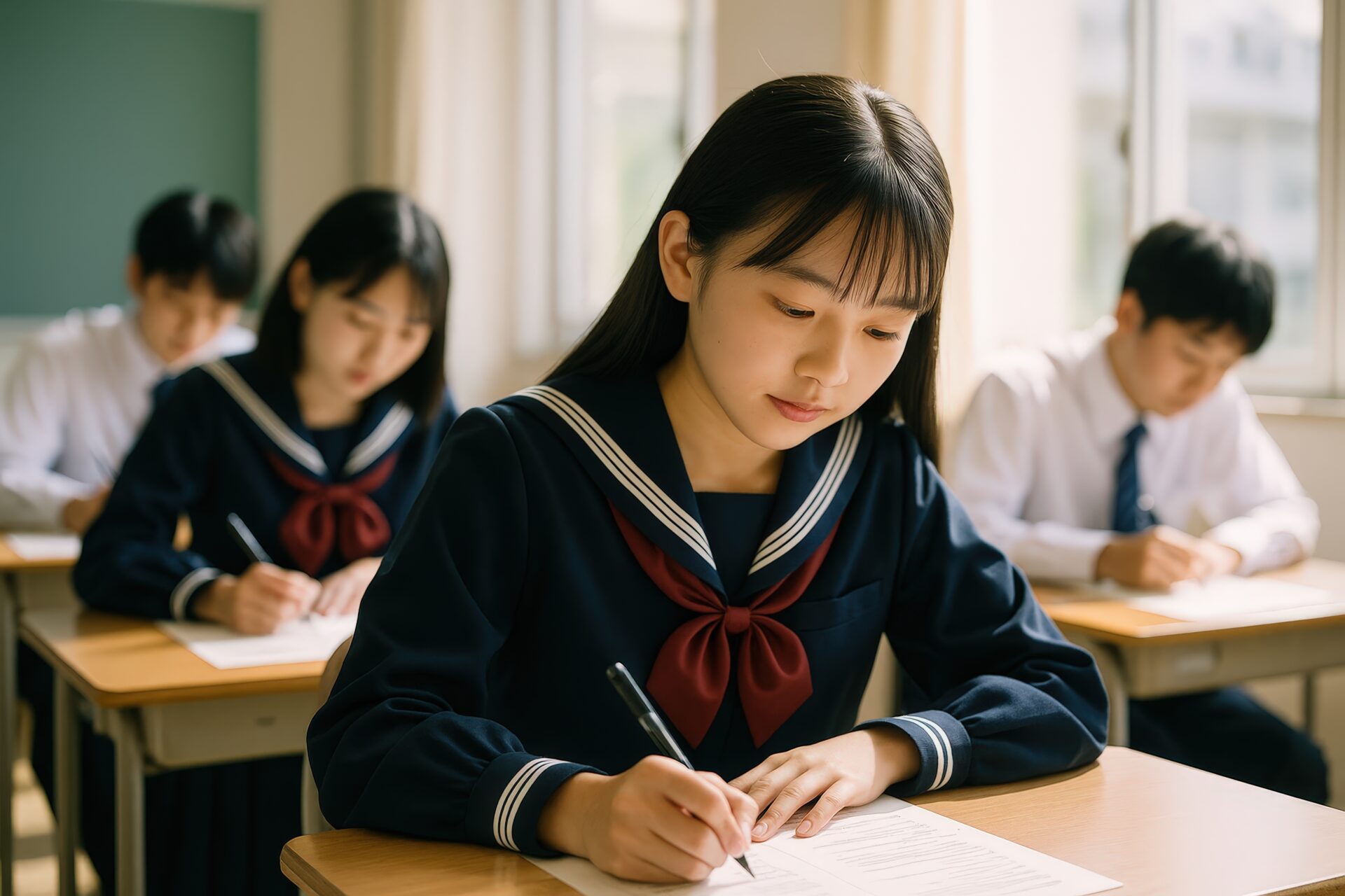 セーラー服で試験に集中する女子学生