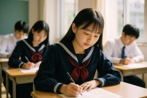 セーラー服で試験に集中する女子学生
