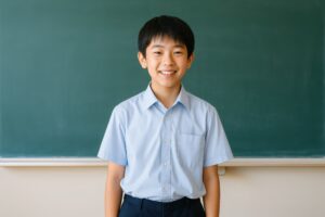 教室で笑顔の中学生男子