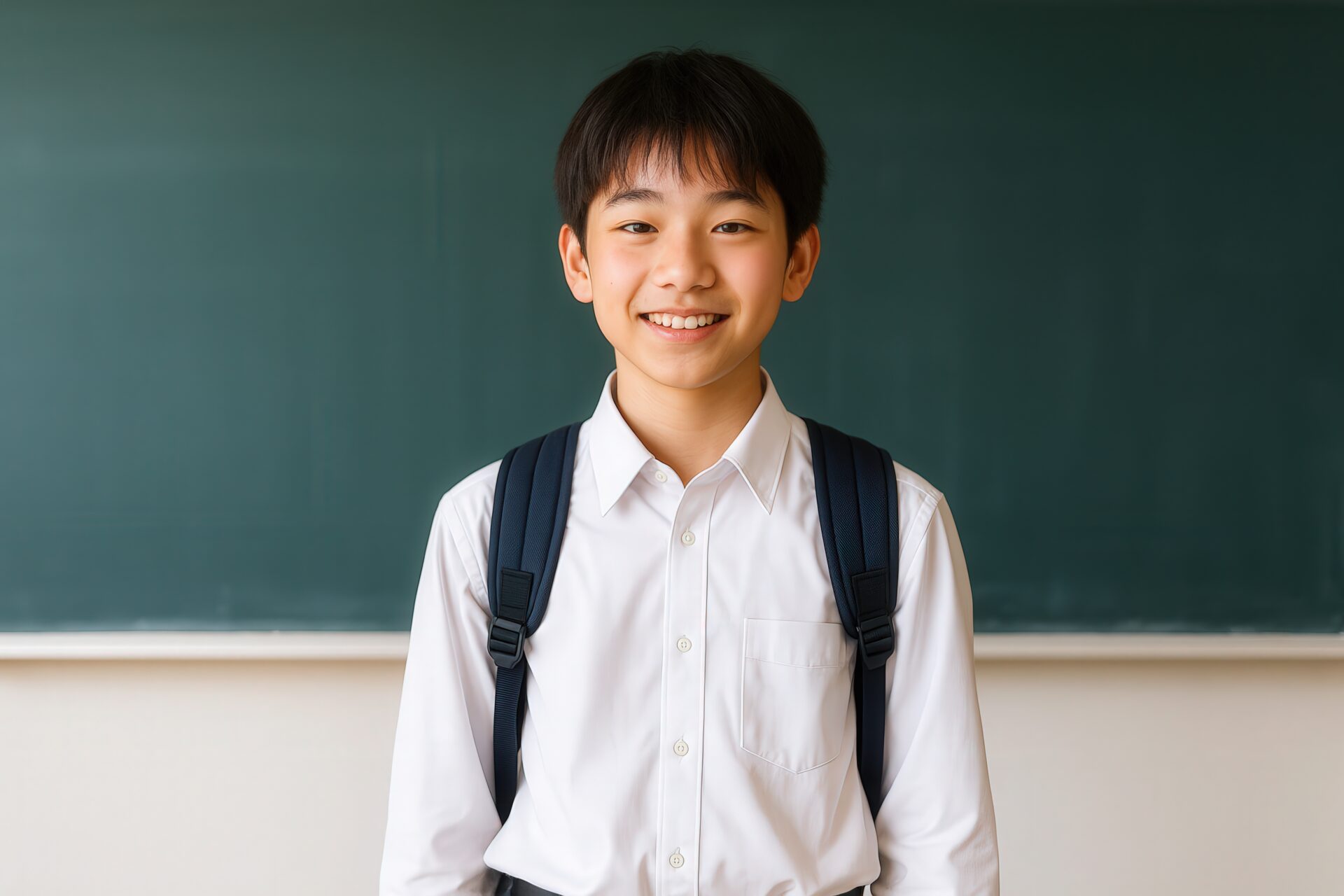 リュックを背負った笑顔の中学生男子
