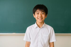 白いシャツで微笑む中学生男子