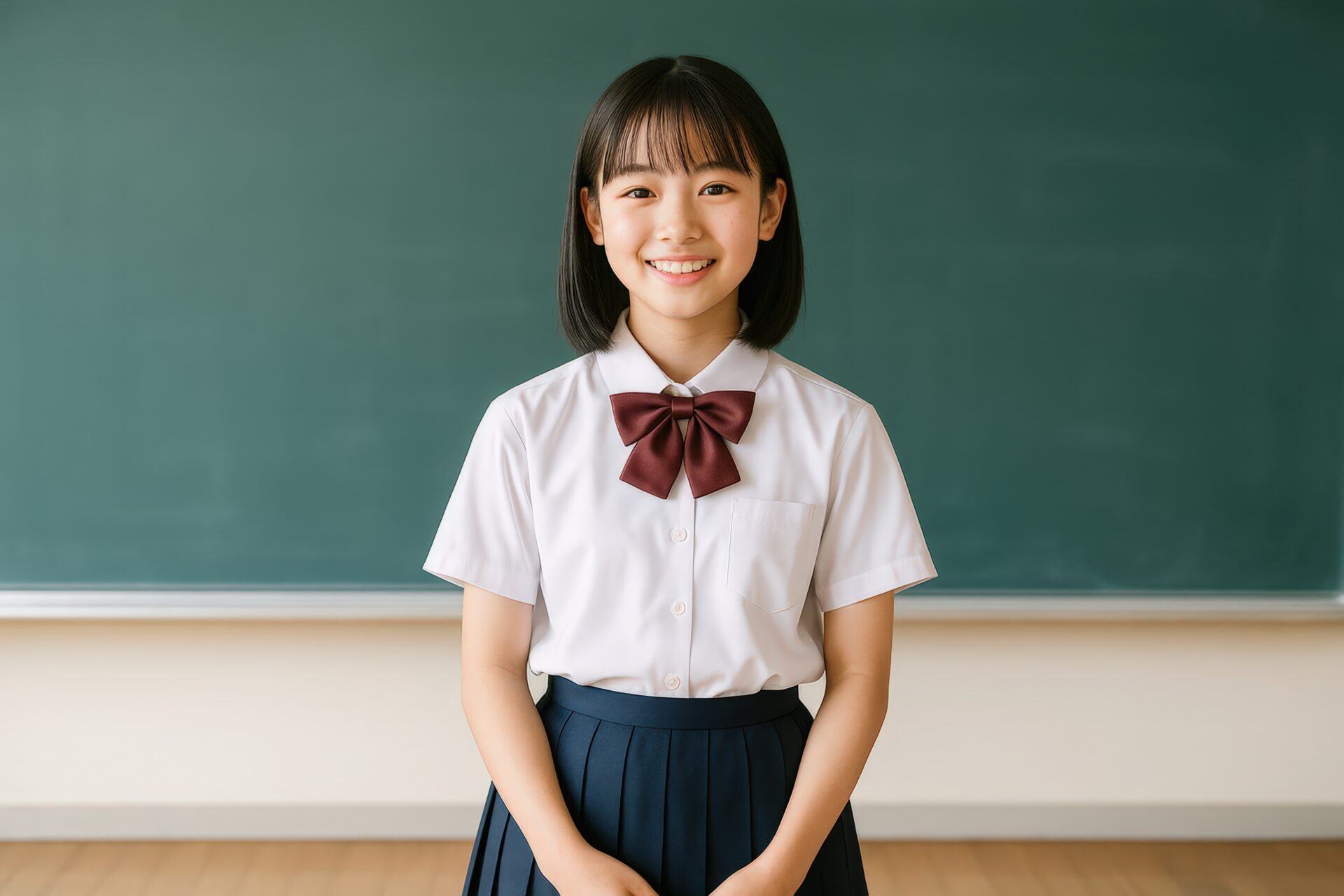 教室の前で笑顔を見せる女子学生