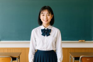 教室の前に立つリボン付き制服の女子学生