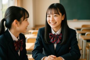 教室で笑い合うブレザー姿の女子学生二人
