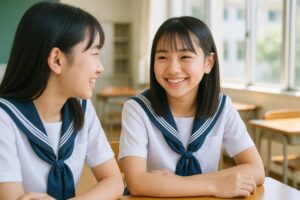 夏服の制服で談笑する女子学生二人