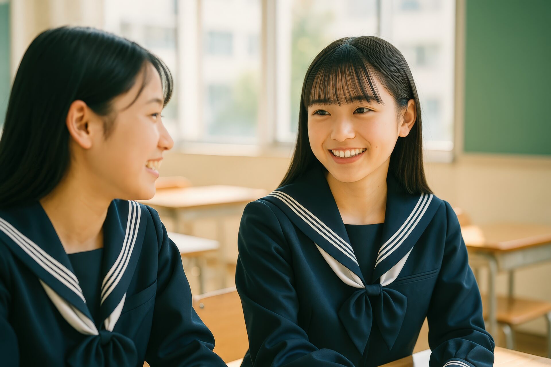 冬服の制服で笑顔を交わす女子学生二人