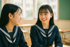 冬服の制服で笑顔を交わす女子学生二人