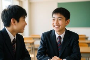 教室で笑顔を見せる男子学生二人