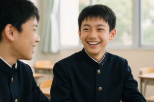 学ラン姿で笑顔を見せる男子学生二人