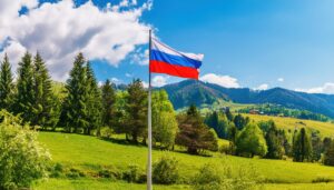 ロシア国旗と田舎の教会