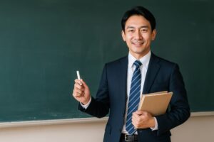 黒板の前でチョークを持つスーツ姿の男性教師