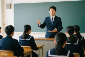 授業中に説明する男性教師と生徒たち