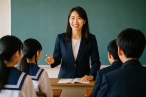 教科書を開いて話す女性教師と生徒たち