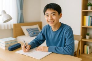 勉強机でノートを書く笑顔の男子学生