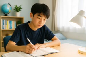 机に向かい集中して勉強する男子学生