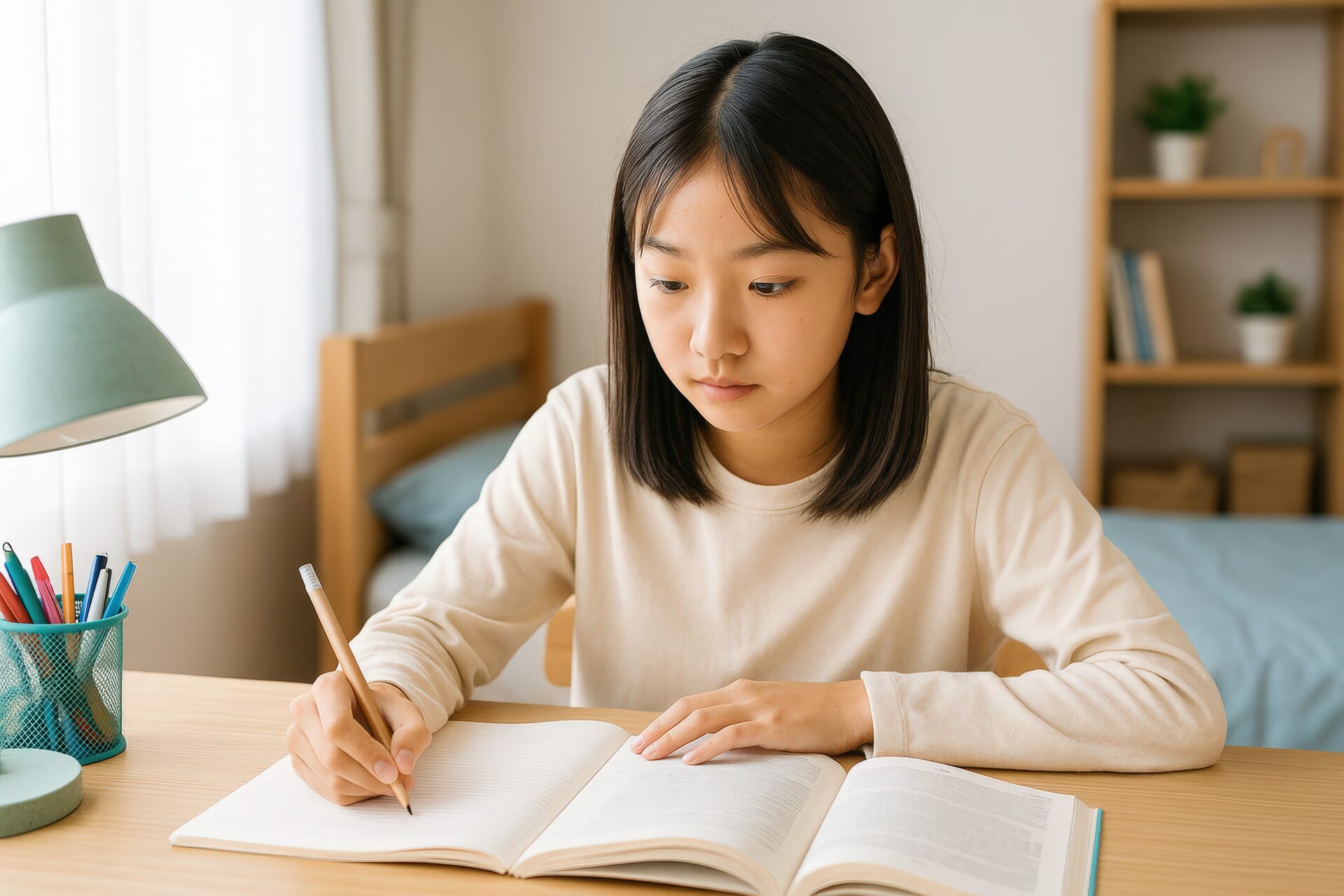 机に向かって勉強する女子学生