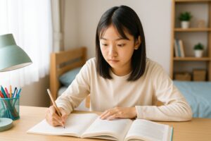 机に向かって勉強する女子学生