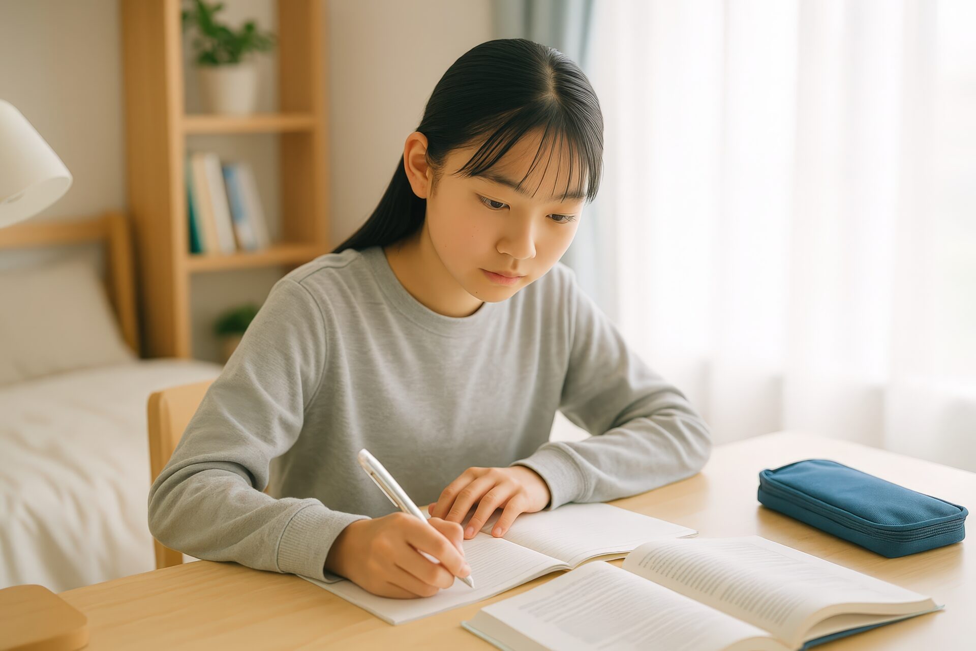 読書とノートを取りながら勉強する女子学生